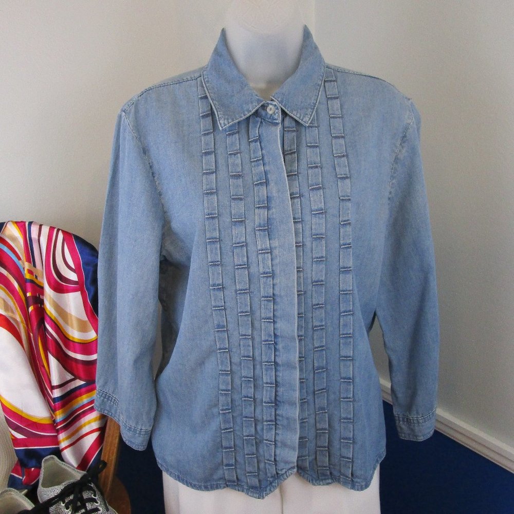 🌟3XHP🌟 VTG 3/4 Sleeve Textured Front Denim Shirt